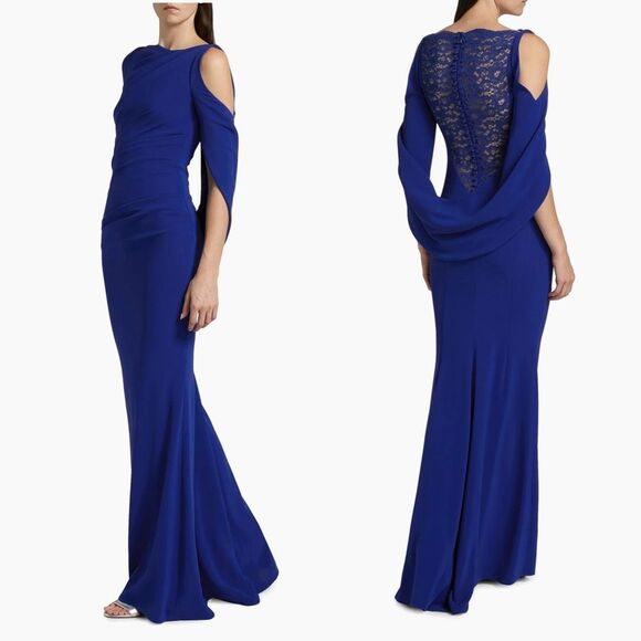 Talbot Runhof Floral Lace & Cady Cold-Shoulder Gown in Royal US10 $2450 - Picture 2 of 12